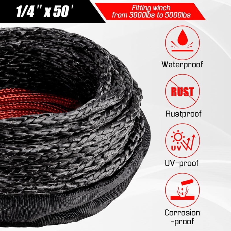 AUTODUNK Synthetic Winch Rope - 1/4" x 50ft 10,000LBS Winch Line with 6" Fairlead, Forged Winch Hook and Rubber Stopper, Protective Sleeve Synthetic Winch Cable for 4WD ATV UTV Offroad Vehicles Black - Image 3